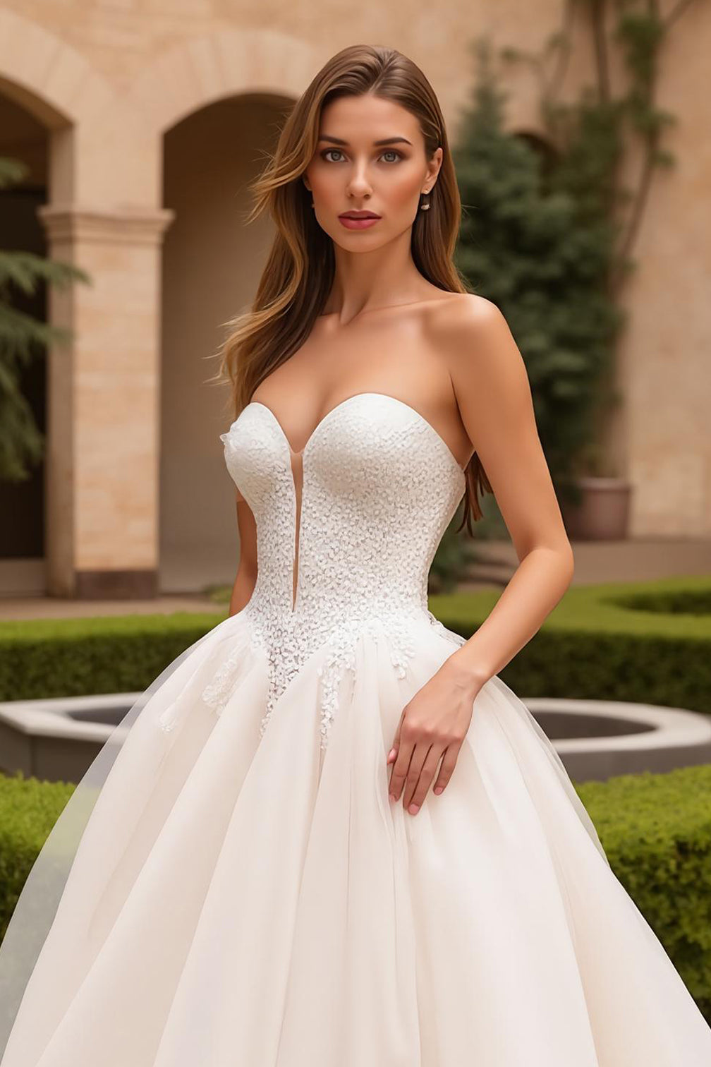 Sweetheart Ivory Ball Gown Tulle Sweep Train Wedding Dress