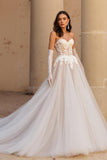 Sweetheart Ivory A Line Tulle Sweep Train Wedding Dress with Lace