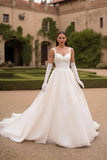 Thick Straps Ivory A Line Sweep Train Wedding Dress with Lace