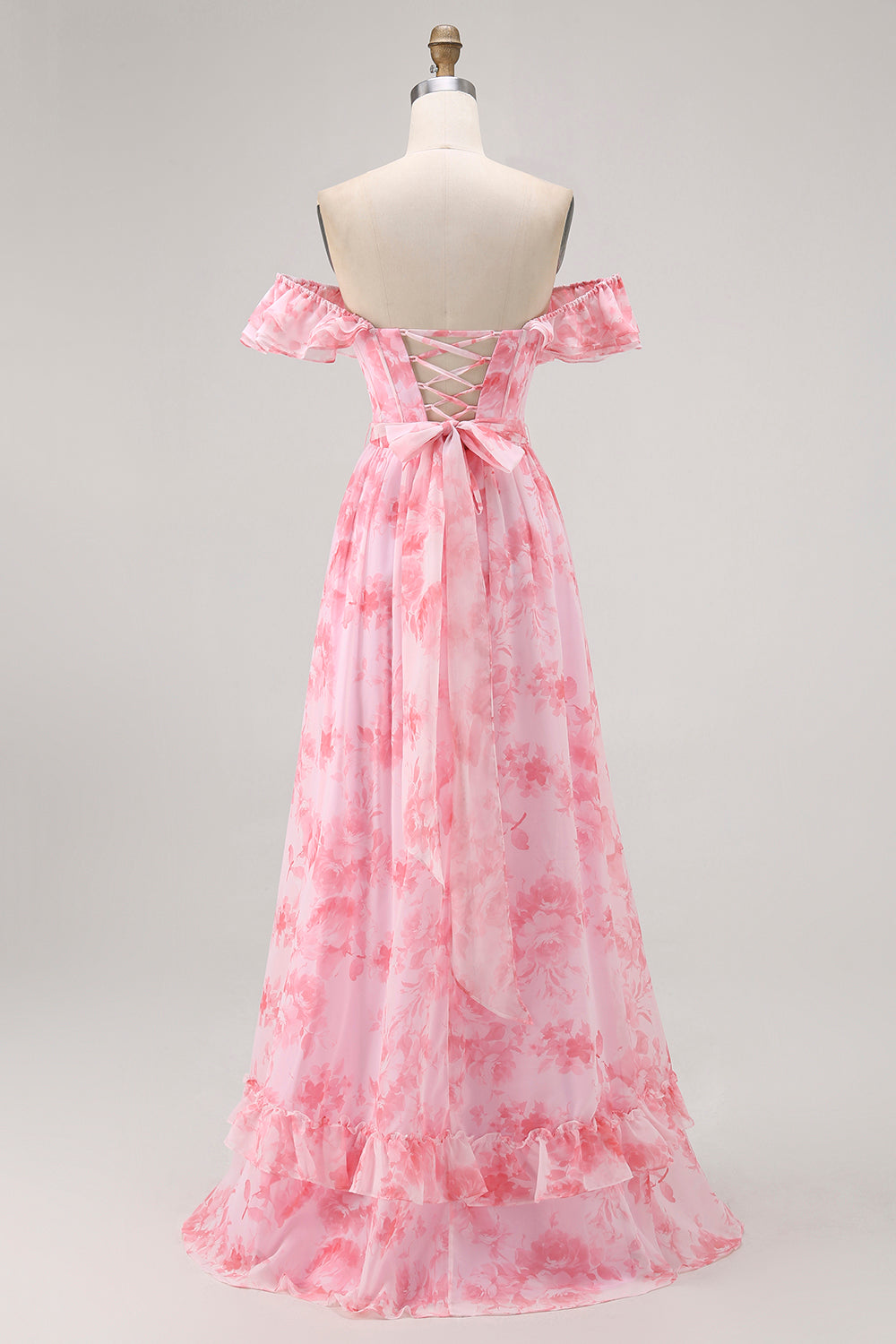 Pink Floral Off the Shoulder Chiffon A-Line Maxi Wedding Guest Dress with Ruffles