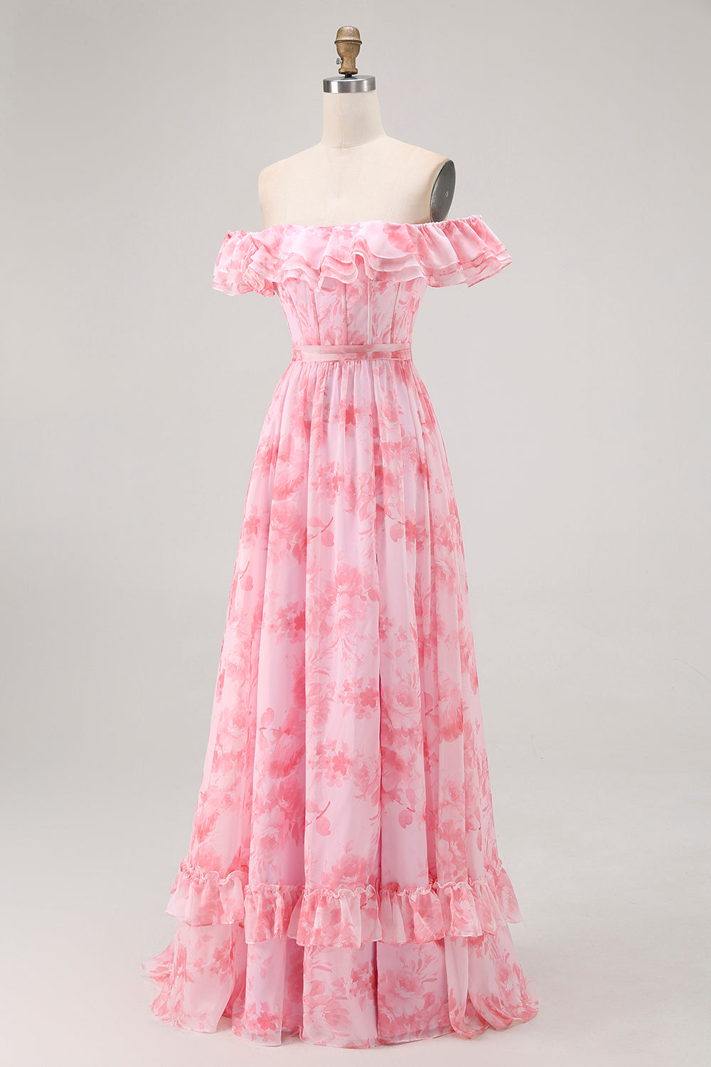Pink Floral Off the Shoulder Chiffon A-Line Maxi Wedding Guest Dress with Ruffles