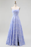 Blue A-Line Floral Spaghetti Straps Long Wedding Guest Dress with Slit