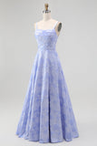 Blue A-Line Floral Spaghetti Straps Long Wedding Guest Dress with Slit