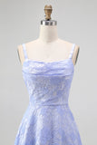 Blue A-Line Floral Spaghetti Straps Long Wedding Guest Dress with Slit