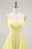 Yellow Chiffon Spaghetti Straps Pleated A-Line Long Wedding Guest Dress with Ruffles
