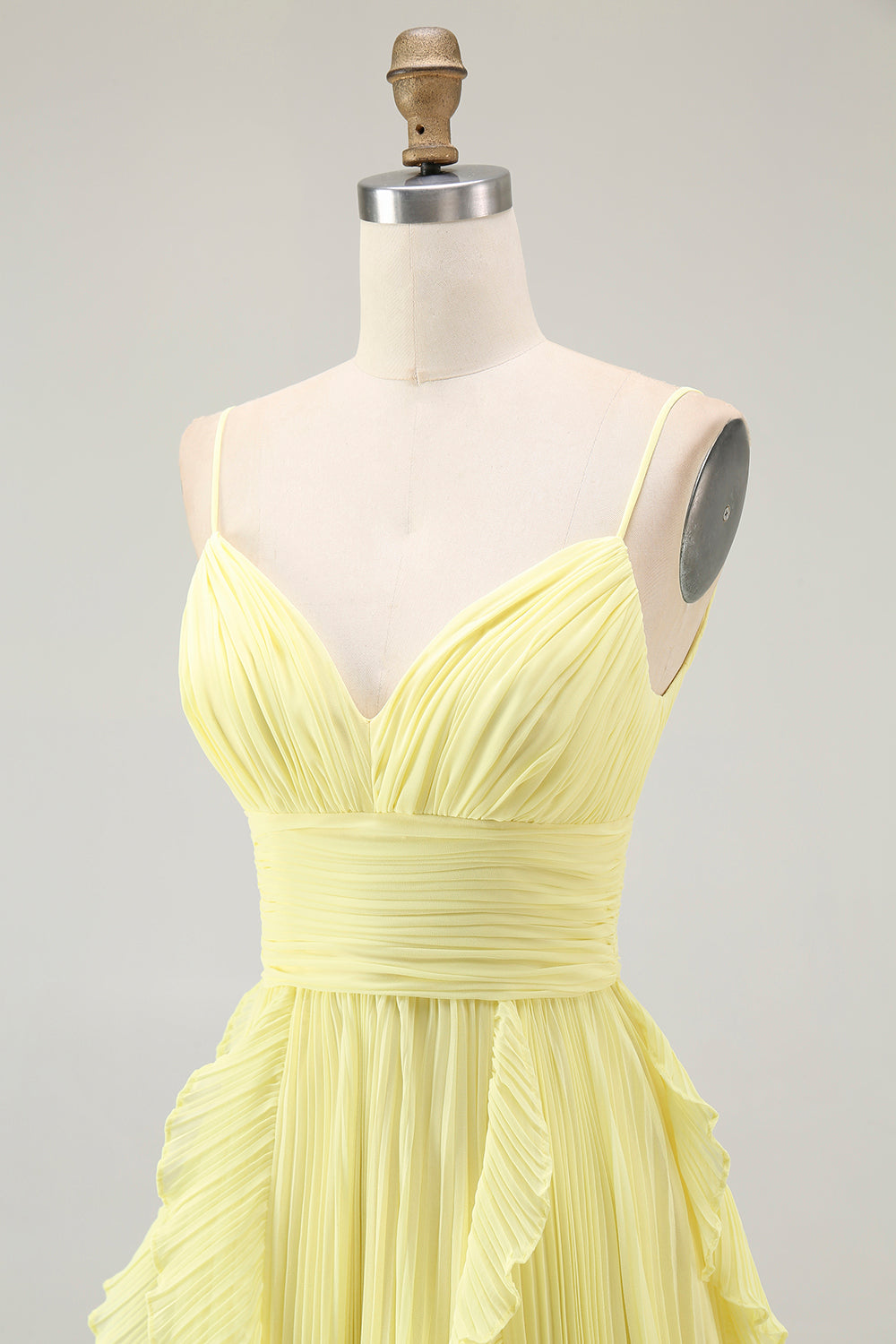Yellow Chiffon Spaghetti Straps Pleated A-Line Long Wedding Guest Dress with Ruffles
