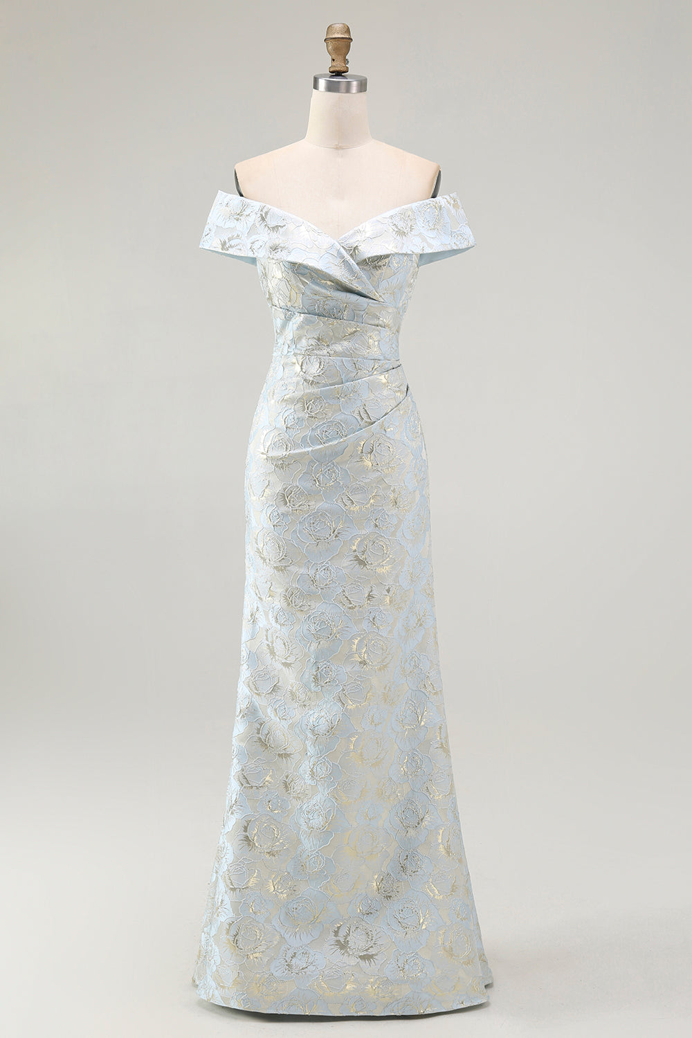 Light Blue Floral Off the Shoulder Mermaid Maxi Wedding Guest Dress