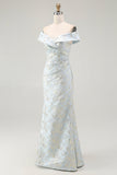 Light Blue Floral Off the Shoulder Mermaid Maxi Wedding Guest Dress