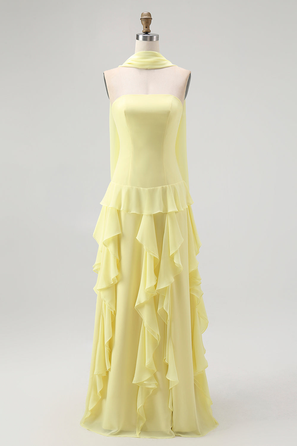 Yellow Chiffon Strapless Neck Scarf A-Line Ruffled Long Wedding Guest Dress