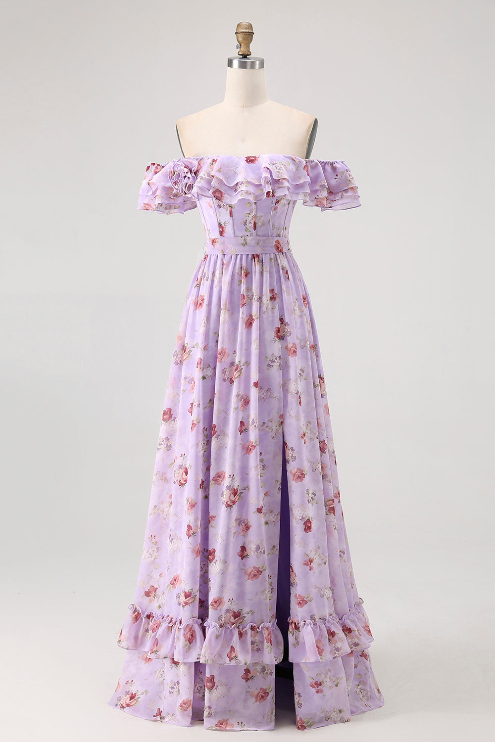 Purple Chiffon Floral Off the Shoulder A-Line Long Wedding Guest Dress with Ruffles