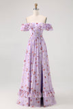 Purple Chiffon Floral Off the Shoulder A-Line Long Wedding Guest Dress with Ruffles