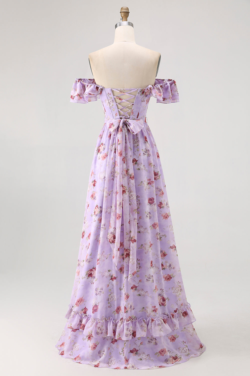 Purple Chiffon Floral Off the Shoulder A-Line Long Wedding Guest Dress with Ruffles
