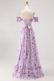 Purple Chiffon Floral Off the Shoulder A-Line Long Wedding Guest Dress with Ruffles