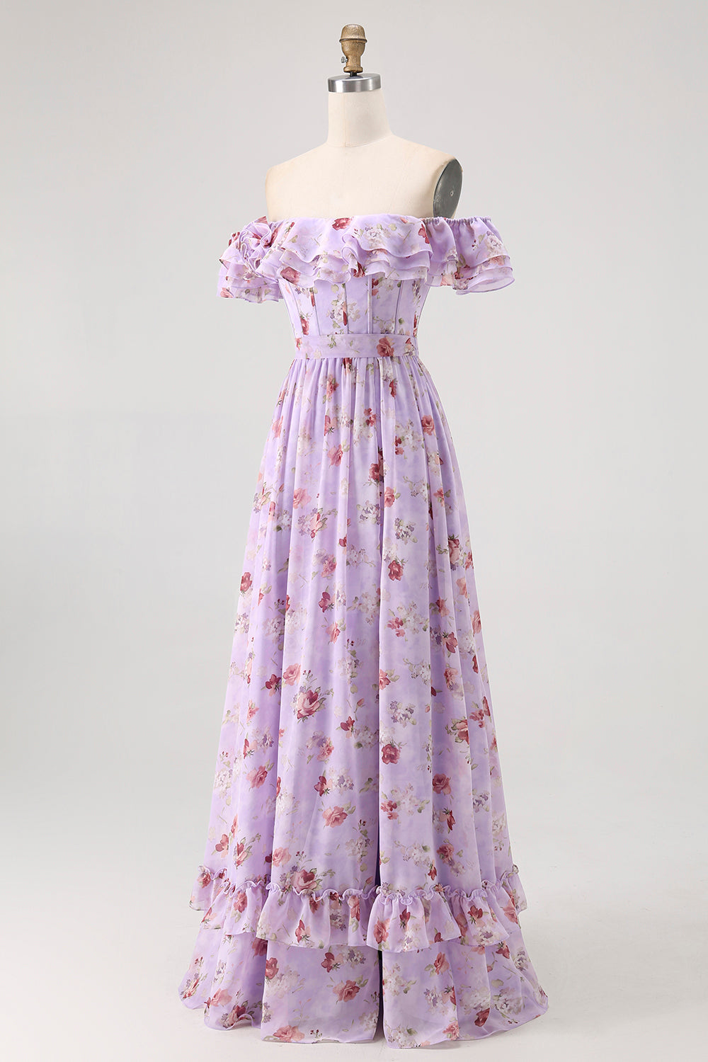 Purple Chiffon Floral Off the Shoulder A-Line Long Wedding Guest Dress with Ruffles
