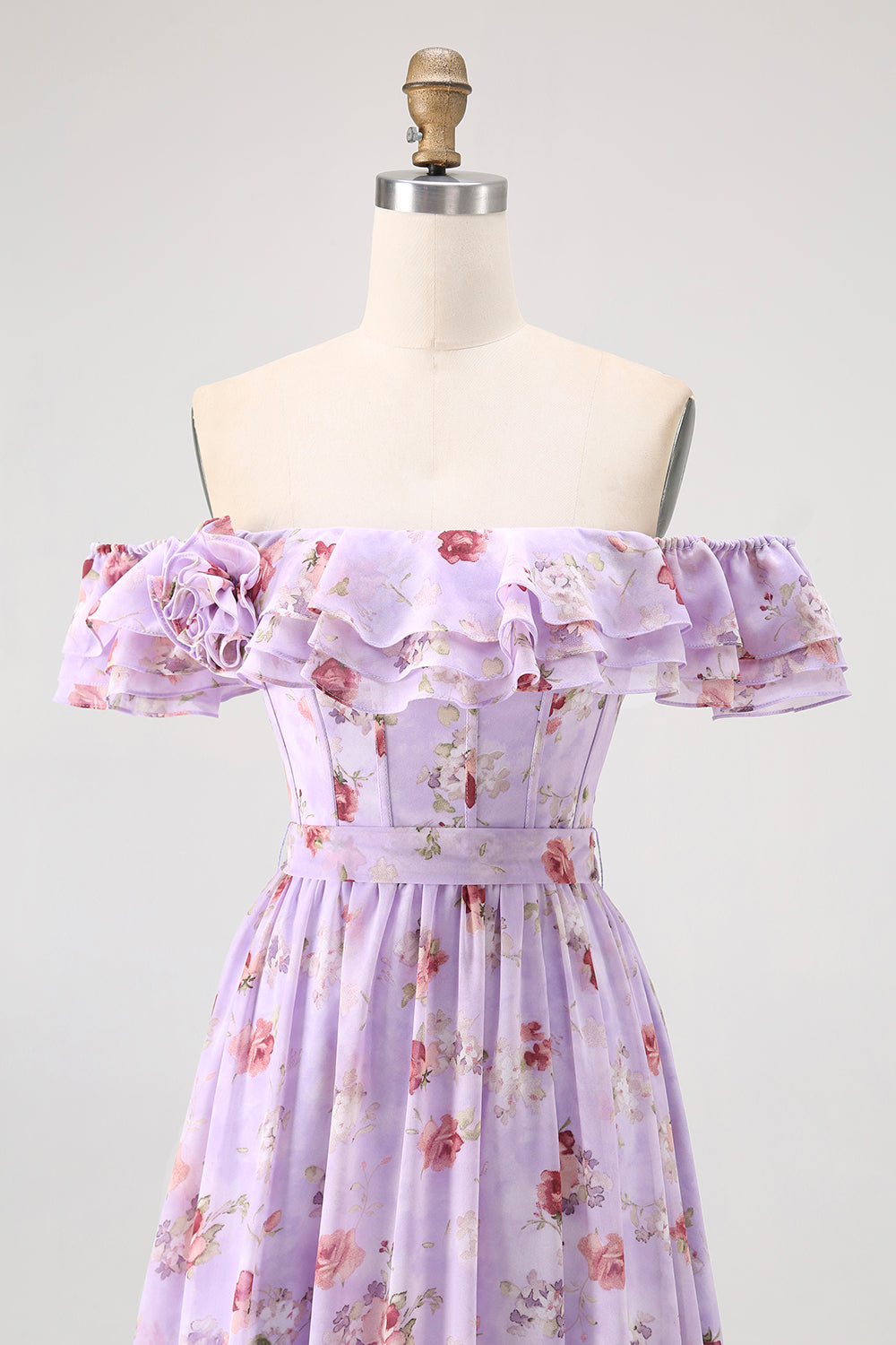 Purple Chiffon Floral Off the Shoulder A-Line Long Wedding Guest Dress with Ruffles