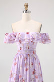 Purple Chiffon Floral Off the Shoulder A-Line Long Wedding Guest Dress with Ruffles