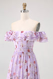 Purple Chiffon Floral Off the Shoulder A-Line Long Wedding Guest Dress with Ruffles