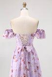 Purple Chiffon Floral Off the Shoulder A-Line Long Wedding Guest Dress with Ruffles