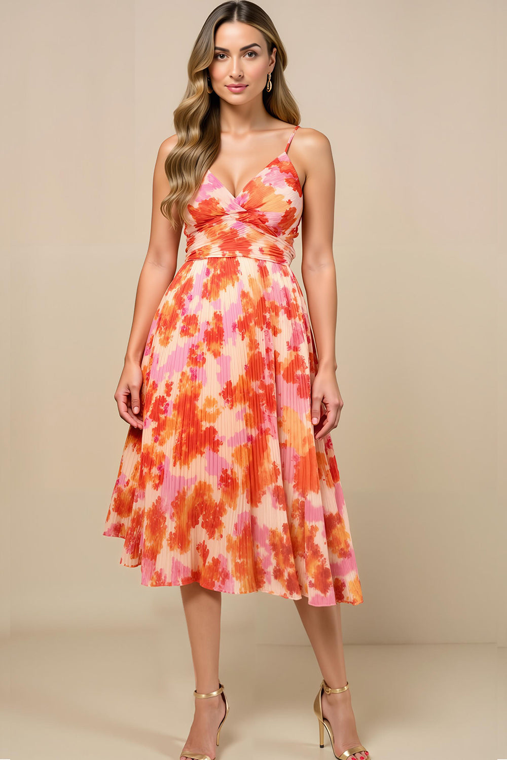 Sunset Spaghetti Straps Midi Chiffon Summer Wedding Guest Dress