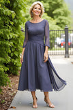 Steel Grey Chiffon Boat Neck A Line Long Mother of the Bride Dress with Sleeves