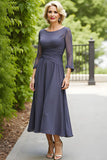 Steel Grey Chiffon Boat Neck A Line Long Mother of the Bride Dress with Sleeves