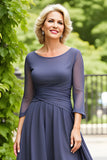 Steel Grey Chiffon Boat Neck A Line Long Mother of the Bride Dress with Sleeves