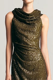 Sparkly Long Olive Sequins Cowl Neck Sheath Holiday Party Dress