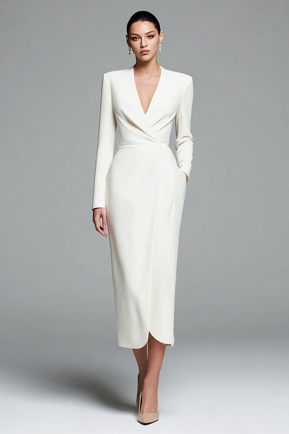 Leely Women Simple Ivory Sheath Satin Wrap Work Dress V-Neck Long Sleeves Business Dress