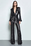 2 Piece Black Sparkly Sequins Women Prom Suits with Sash