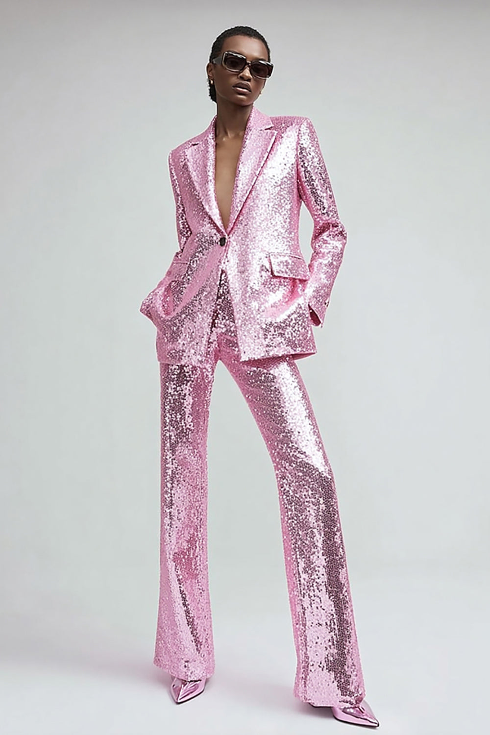 Sparkly Pink 2 Piece Sequins One Button Women Prom Suits with Pockets
