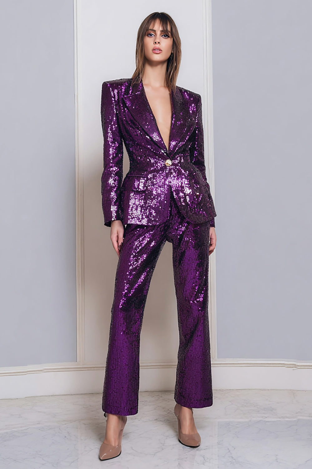 2 Piece Dark Purple Sequins Sparkly Women Prom Party Suits with Sleeves