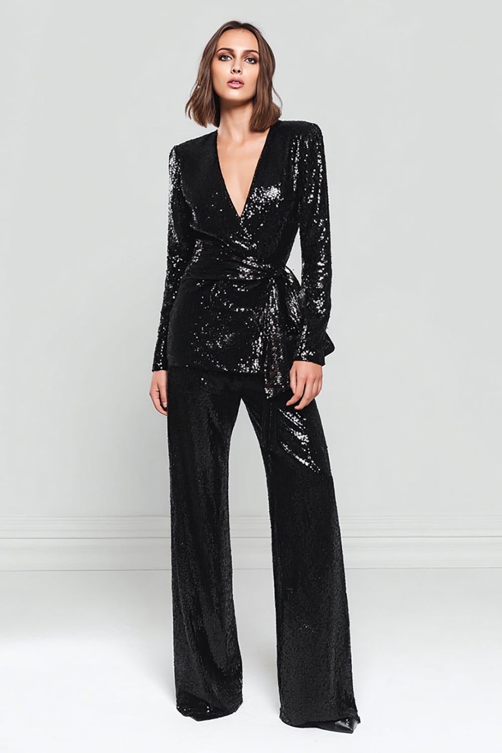 2 Piece Sparkly V Neck Black Sequined Women Prom Party Suits