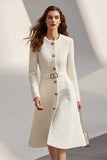 Tweed Ivory Long Sleeves Round Neck Midi Work Dress with Belt