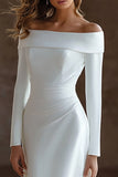 Ivory Satin Sweep Train Ruched Off the Shoulder Wedding Dress with Sleeves