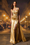 Gold Satin Mermaid Halter Ruched Long Formal Dress with Slit