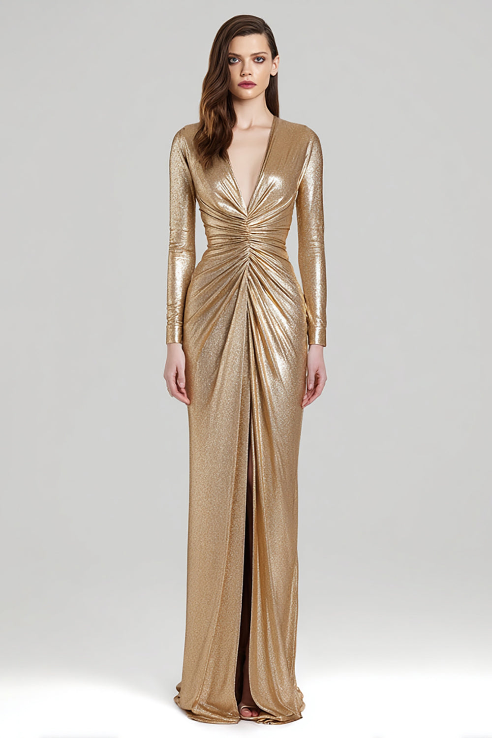 Sparkly Gold Sheath Metallic V-Neck Ruched Maxi Formal Dress with Slit