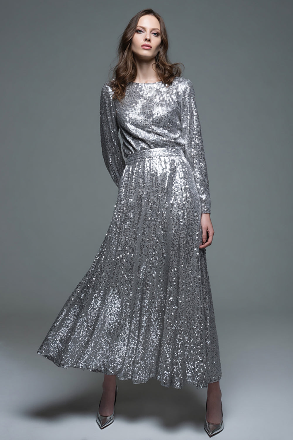 Sparkly Silver Sequin A Line Maxi Formal Dress with Sleeves