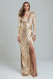 Sparkly Gold Sheath Sequin V-Neck Maxi Formal Dress with Slit