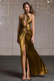 Gold Halter Metallic Ruched Long Formal Dress with Slit