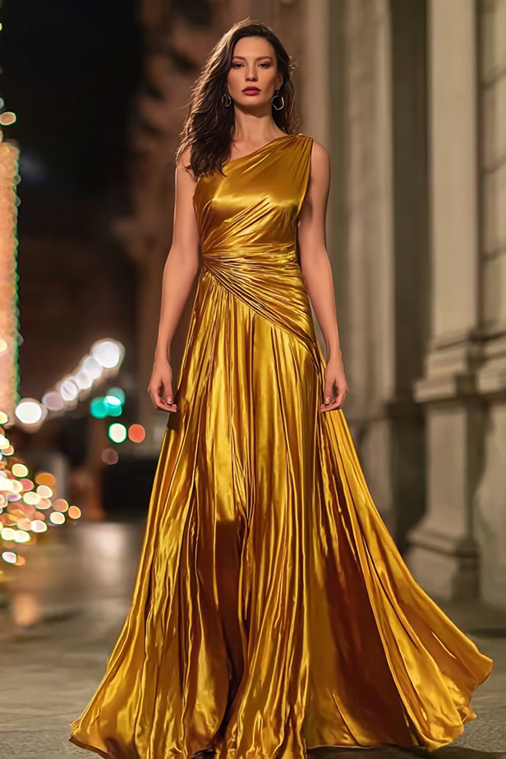 Gold Metallic A Line Ruched One Shoulder Long Formal Dress