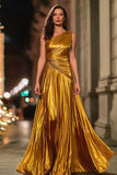 Gold Metallic A Line Ruched One Shoulder Long Formal Dress