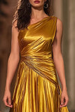 Gold Metallic A Line Ruched One Shoulder Long Formal Dress