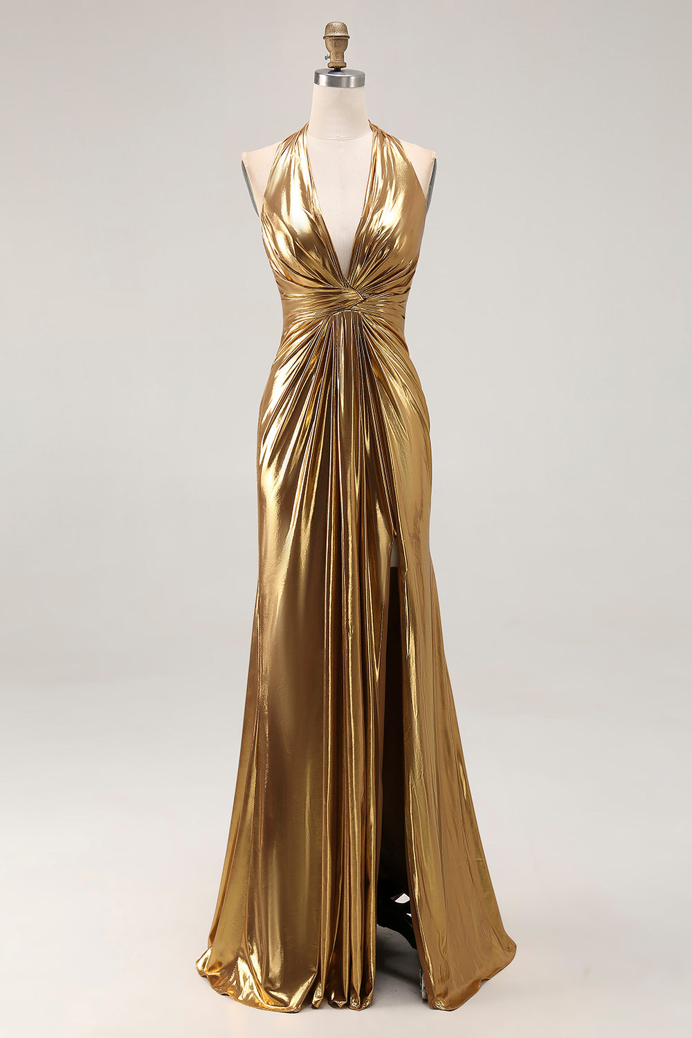 Gold Halter Metallic Ruched Backless Maxi Formal Dress with Slit