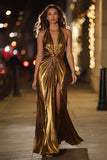 Gold Halter Metallic Ruched Backless Maxi Formal Dress with Slit