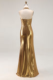 Gold Halter Metallic Ruched Backless Maxi Formal Dress with Slit