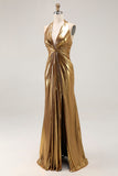Gold Halter Metallic Ruched Backless Maxi Formal Dress with Slit
