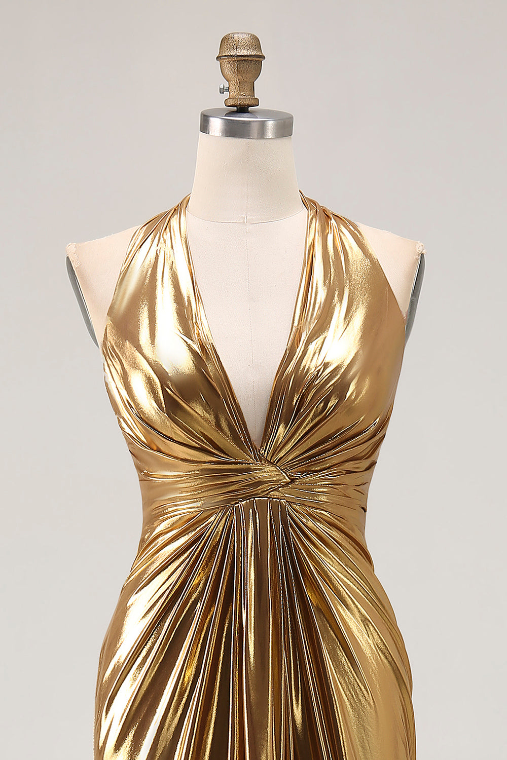 Gold Halter Metallic Ruched Backless Maxi Formal Dress with Slit