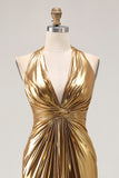 Gold Halter Metallic Ruched Backless Maxi Formal Dress with Slit