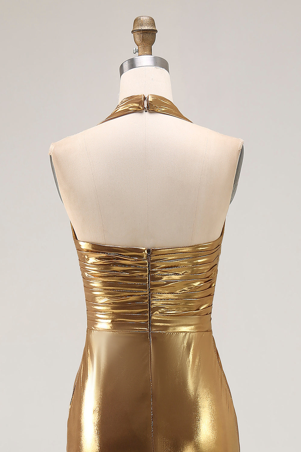 Gold Halter Metallic Ruched Backless Maxi Formal Dress with Slit