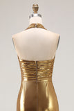 Gold Halter Metallic Ruched Backless Maxi Formal Dress with Slit